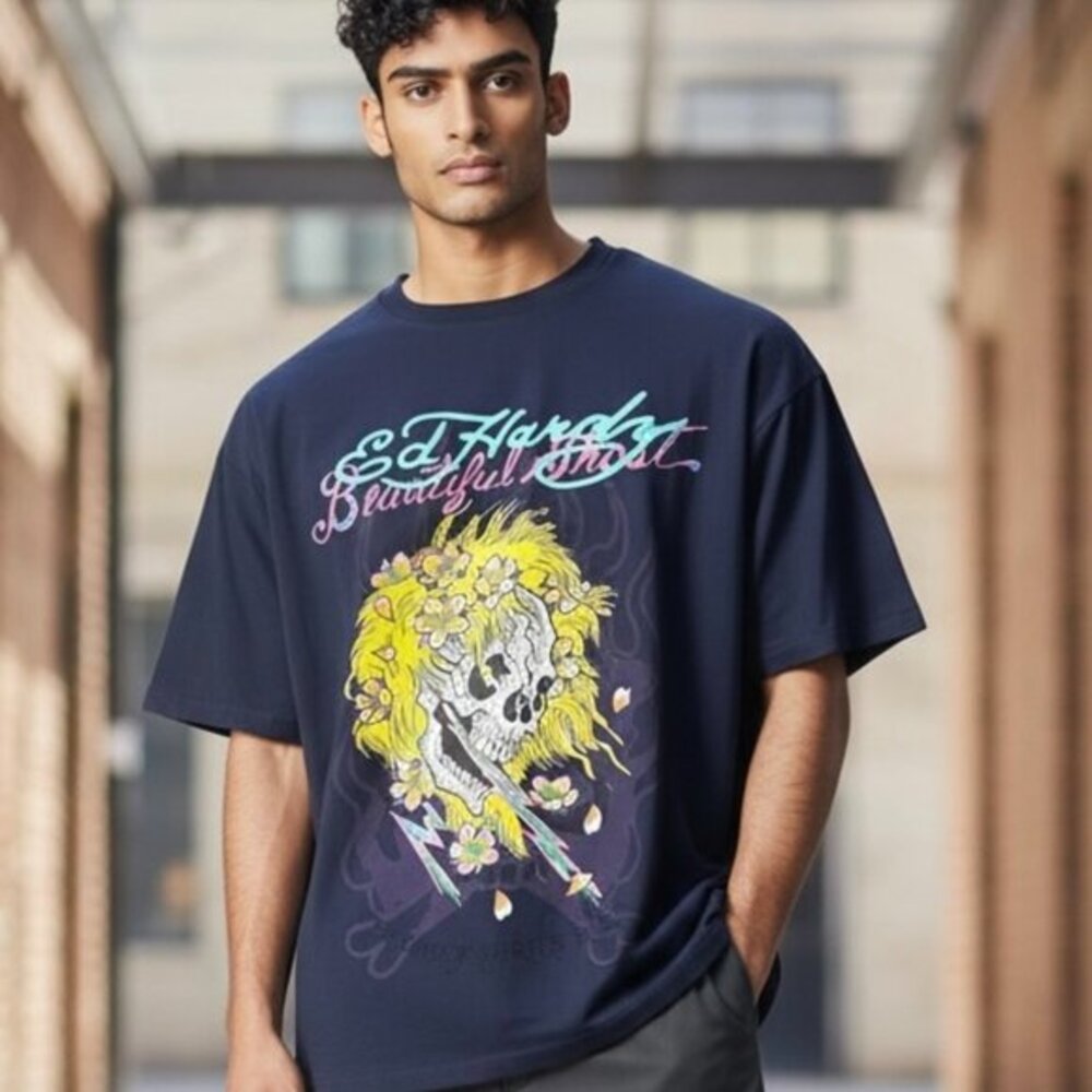 NEW Ed Hardy Beautiful Ghost T-Shirt Men’s Size Large Blonde‎ Skull Short Sleeve